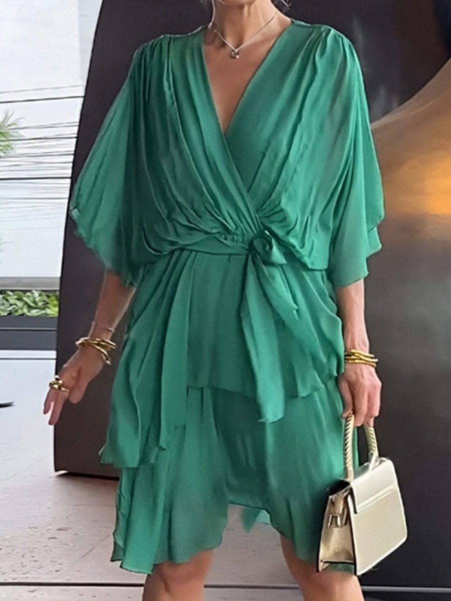 Women's Mini Dress Cocktail Dress Wedding Guest Dress Chiffon Chiffon Dress Fashion Modern Outdoor Vacation Regular Fit Plain 3/4 Length Sleeve V Neck Green Summer Spring Fall Autumn 2026 - $31.99 –P1