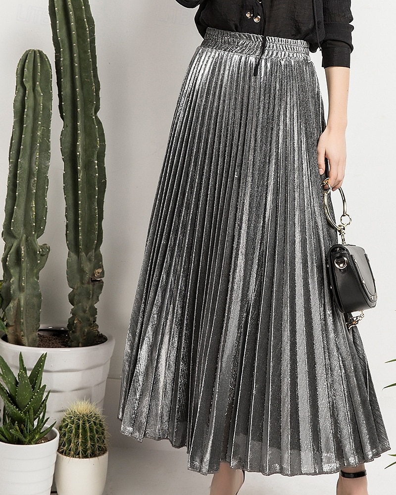 Femmes Jupe Mode Occasionnel Maxi Taille haute Jupes Uni Plissé Micro-Élastique Décontracté Quotidien Week-end Argent Noir Dorée Rouge Été Polyester de 2025 ? $19.99 –P7