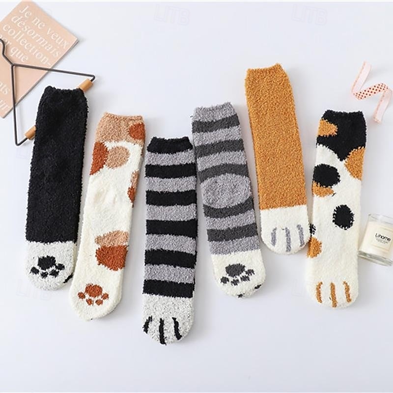 3 Pairs Cute Cat Claw Socks Fuzzy Coral Fleece Winter Warm Sleep Socks for Women Cozy Mid Calf Thick Soft Indoor Floor Socks 2025 - $10.99 –P2