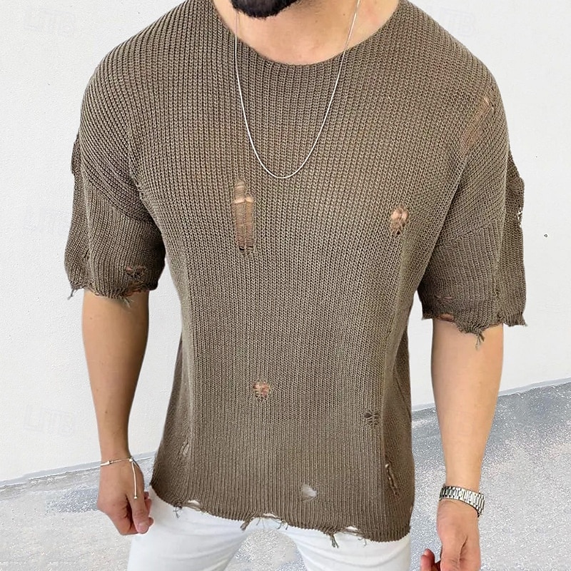 Herre Pullover genser Strikket genser Riflet Strikke Vanlige topper Strikket Hull عادي Crew-hals Mote Grunnleggende Feriereise Dagligdagstøy Klær Sommer Svart Hvit M L XL 2025 - $32.99 –P1