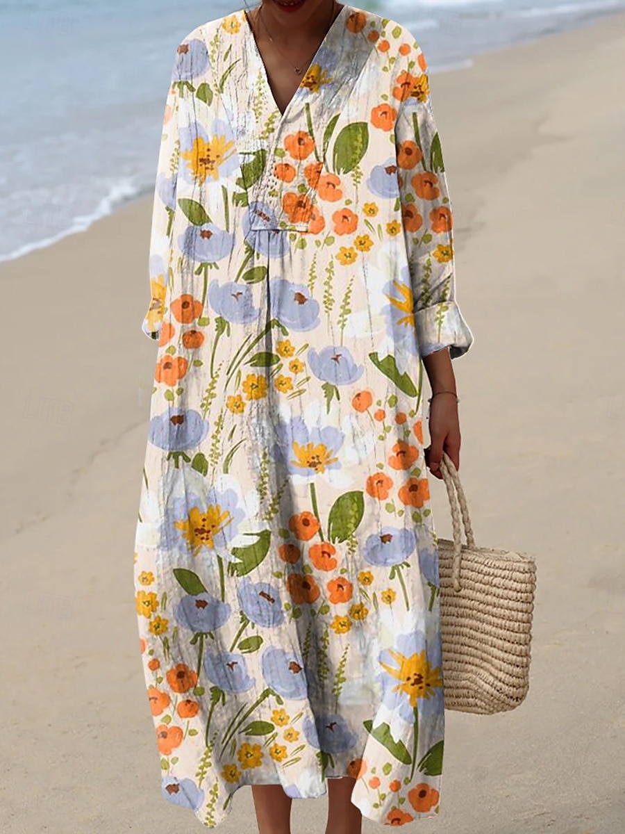 Dam Midi Klänning V-hals Lång ärm Kaftan Lätt Loose Fit A-linje Klänning Avslappnad Utgång Loose Fit Grafisk Geometrisk Lång ärm V-hals Mörkröd Gul Blå Grön Höst 2025 - $35.99 –P4