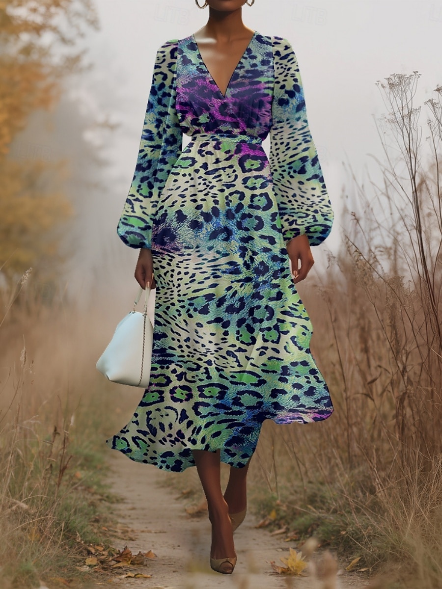 Women's Midi Dress Casual Dress Chiffon Swing Dress Modern Vacation Daily Weekend Regular Fit Leopard Long Sleeve V Neck Blue Brown Green Summer Spring Fall Autumn 2025 - $31.99 –P5