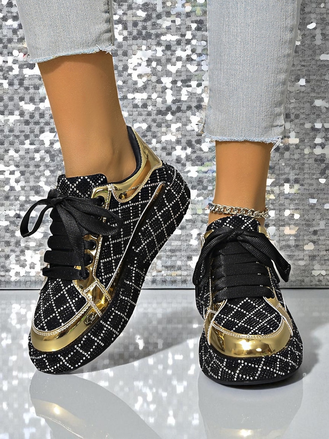 Tênis femininos acolchoados com strass - sapatos de festa com cadarço preto e prata para vida noturna, baladas e streetwear moderno de 2025 por $34.99 –P6