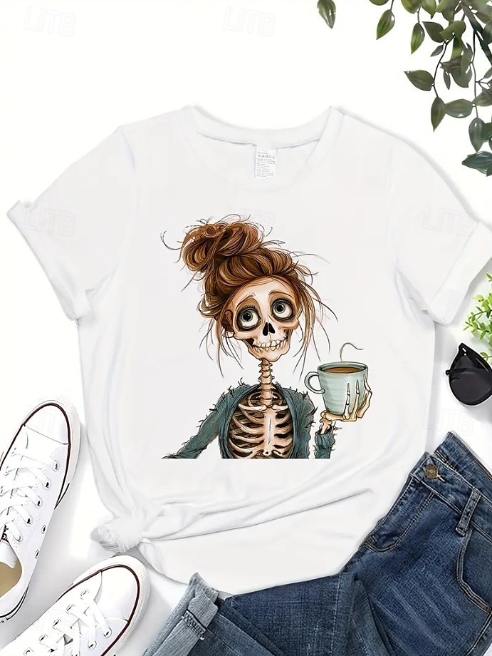 Halloween Femmes T-shirt Chemise en coton Graphique Crâne ancien Élégant Classique Manche Courte Col ras du cou Col rond Hauts Réguliers Quotidien Imprimé Blanche Été de 2025 ? $19.99 –P2