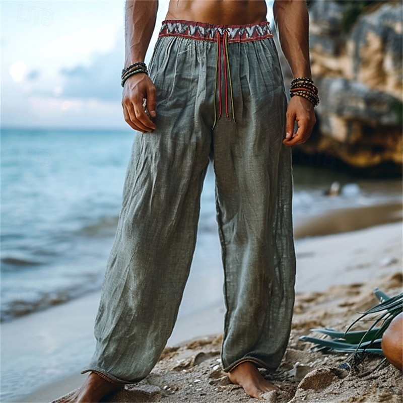 Homens Calças de linho Calças Calça verão Calças de praia Patchwork Com Cordão tecido Tecido Conforto Respirável Comprimento total Casual Diário Feriado Férias Moda Verde de 2025 por $27.99 –P1