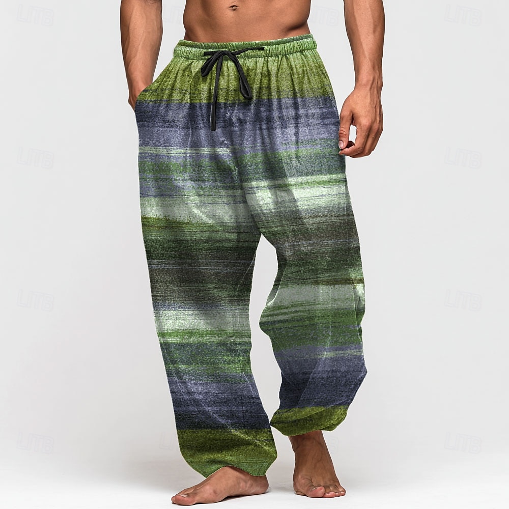 Men's Color Block Striped Trousers Baggy Pants Casual Pants Mid Waist Retro Vintage Outdoor Vacation Elastic Drawstring Waist Linen-Like Pants with Pockets Summer Spring Fall 3D Print Blue Brown Green 2025 - $25.99 –P4