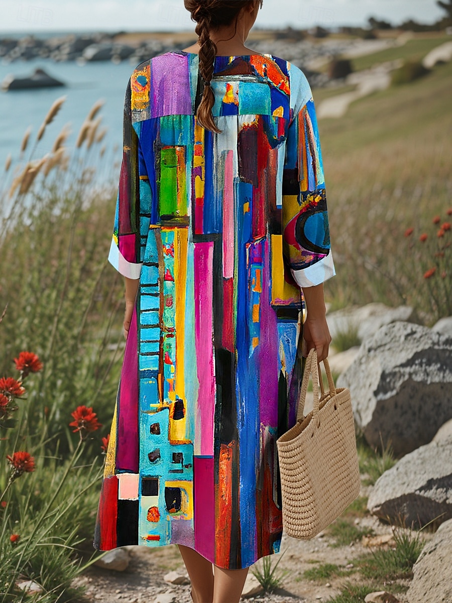 Damen Midikleid Sommerkleid Shiftkleid Urlaub Lässig Strand Ausgehen Strand Lässiger Schnitt Grafik Geometrisch Abstrakt Langarm V Ausschnitt Rosa Blau Orange Sommer Frühling Herbst 2025 - $35.99 –P2