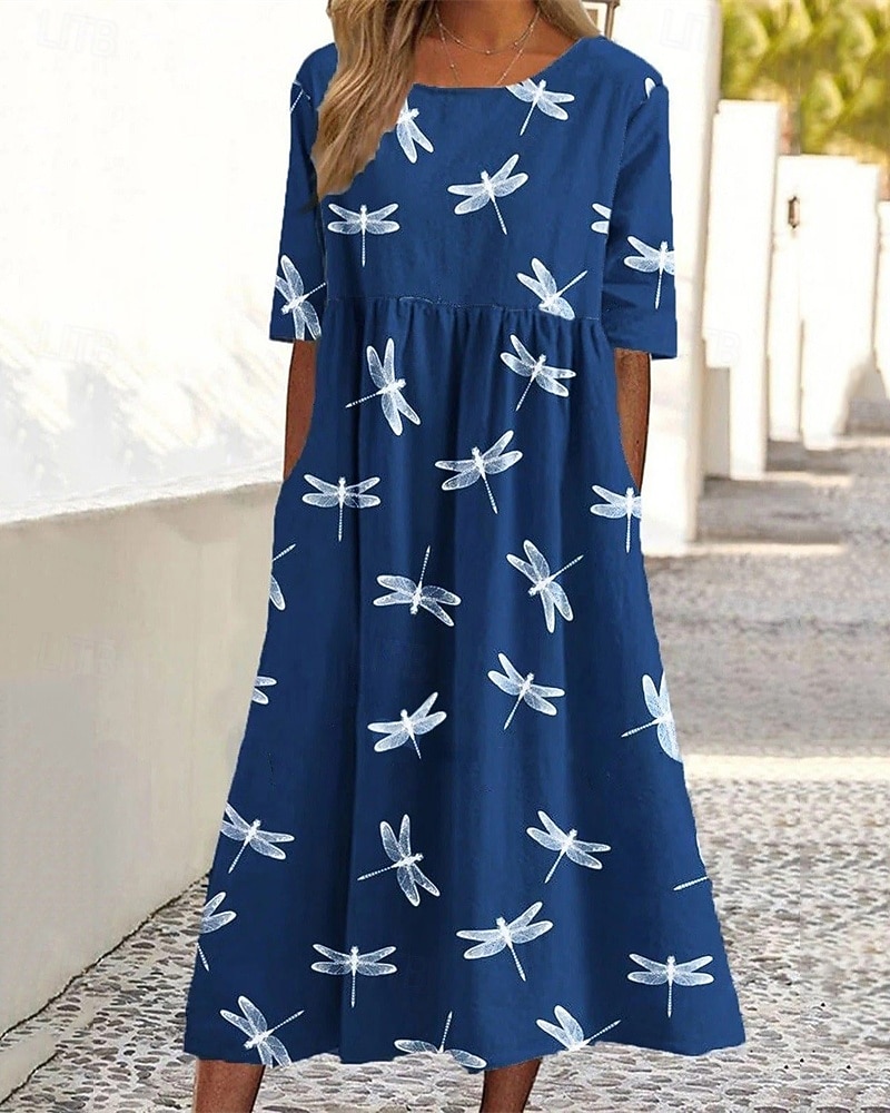 Damskie Sukienka midi Codzienne sukienki Letnie sukienki Moda Nowoczesny Codzienny Plaża Weekend Regularny Zwierzę Kwiat Rękaw 1/2 Półgolf Jasnofioletowy Ciemnoniebieski Wiosna Jesień 2026 - $29.99 –P1