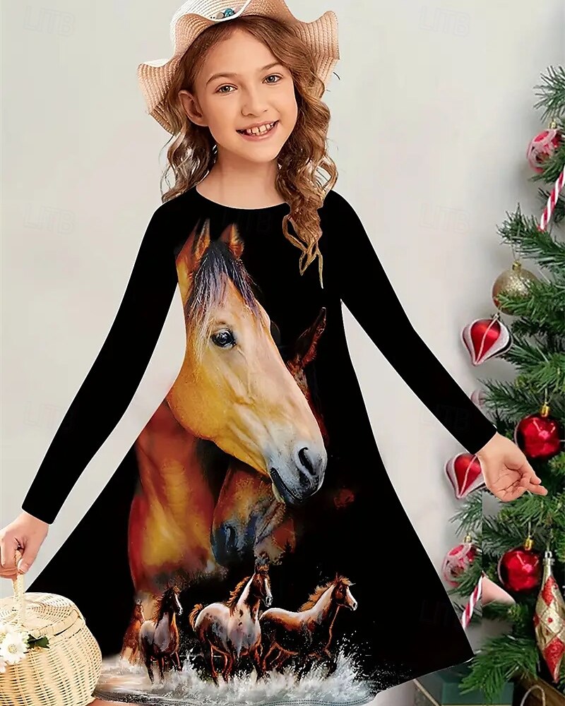 FILLE 3D Cheval Robe manche longue Été Printemps Vacances Quotidien Fête Princesse Beau Doux Enfants 4-12 ans Robe Décontractée Robe trapèze Mi-long Coupe régulière de 2025 ? $16.99 –P1