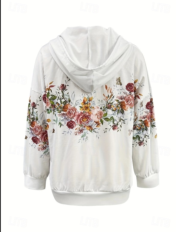 Dame Zipper Hoodie Blomster Grafisk Moteklær Casual Langermet Hette Vanlige Topper Gate Hverdagsbruk Lomme Trykk Hvit Lilla Fuksia Vår Høst 2025 - $27.99 –P3