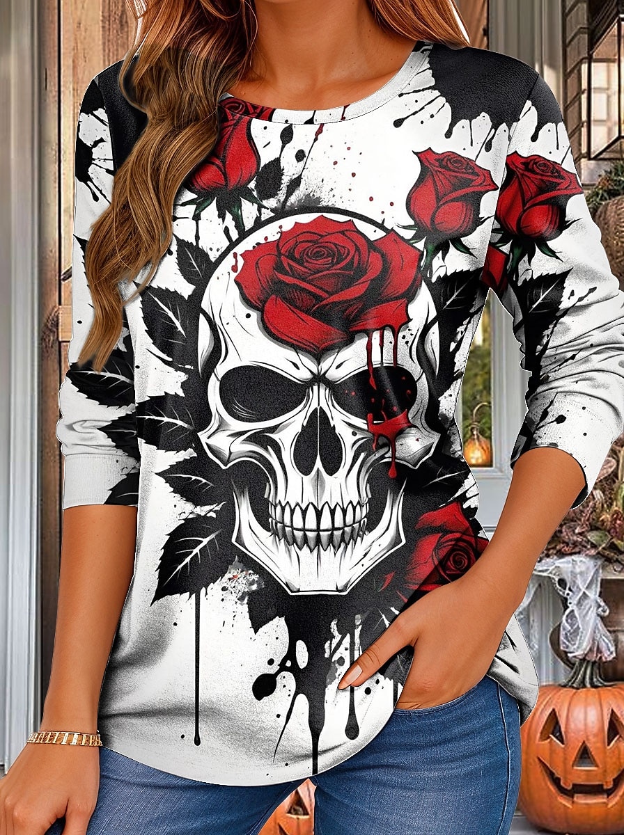 Halloween Dame T skjorte Grafisk Hodeskaller Rose Årgang Stilfull Klassisk Langermet Crew-hals Vanlige topper Daglig Trykt mønster Rød Lilla Oransje Grønn Vår Høst 2025 - $22.99 –P1