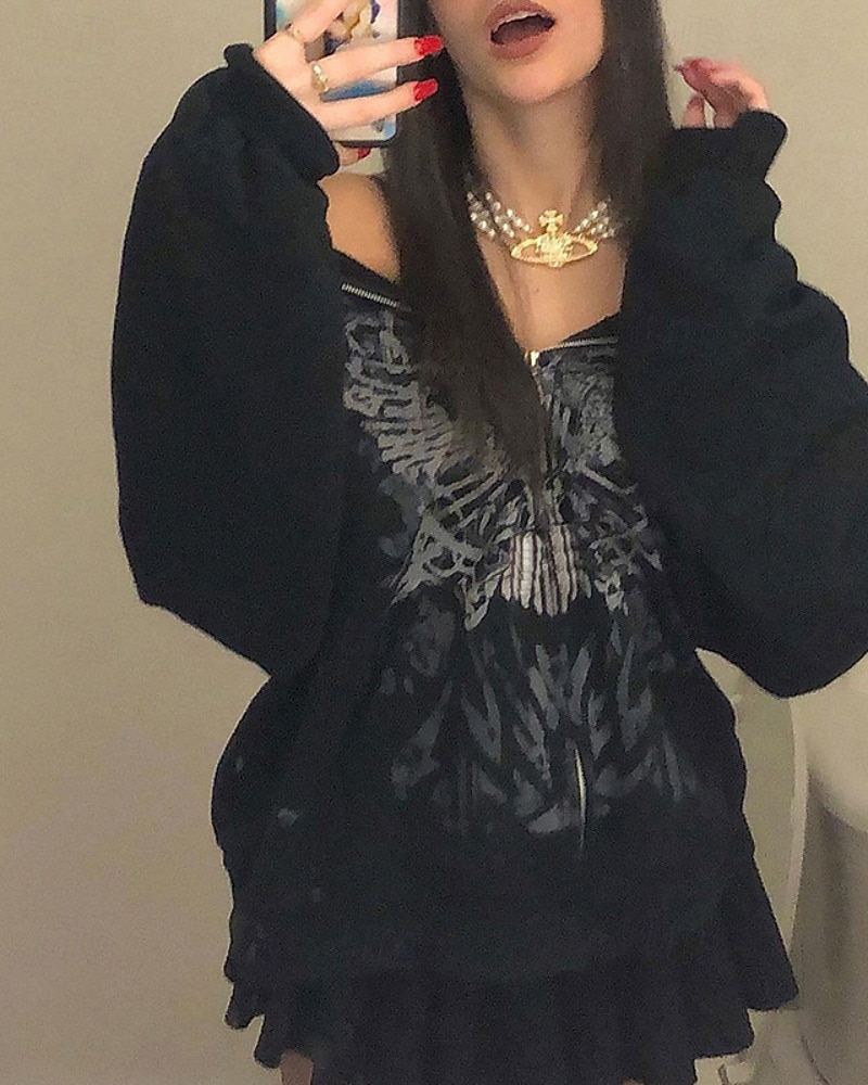 Femmes Sweat à capuche Fleuri Mode Streetwear manche longue À capuche Hauts Réguliers Rue Sortir Fermeture éclair Imprimé Noir Automne Hiver de 2025 ? $21.99 –P4