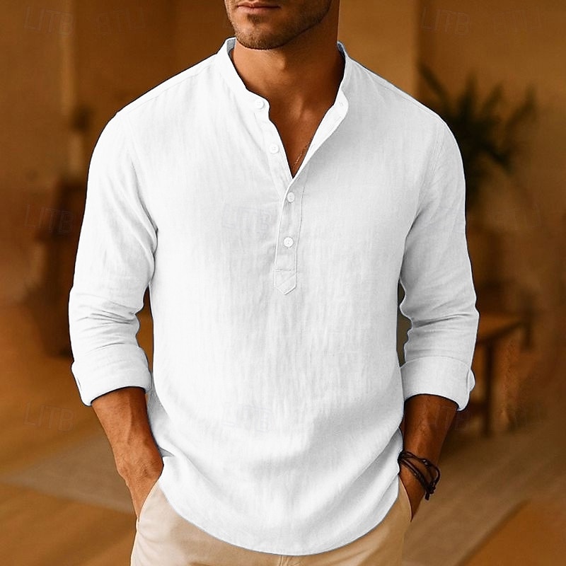 Herren Hemd Leinenhemd Popover-Hemd Freizeithemd Baumwollhemd Einfach Urlaub Hawaiianisch Schwarz Weiß Rosa Khaki Langarm Stehkragen Frühling Herbst Bekleidung 2025 - $15.49 –P4