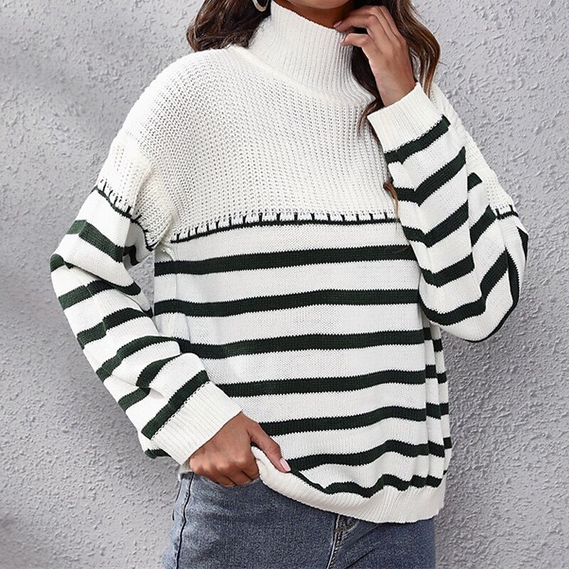 Women's Pullover Casual Striped Chunky Turtleneck Knitted Long Sleeve Regular Tops Knit Daily Holiday Going out White Fall Winter 2025 - $23.99 –P2
