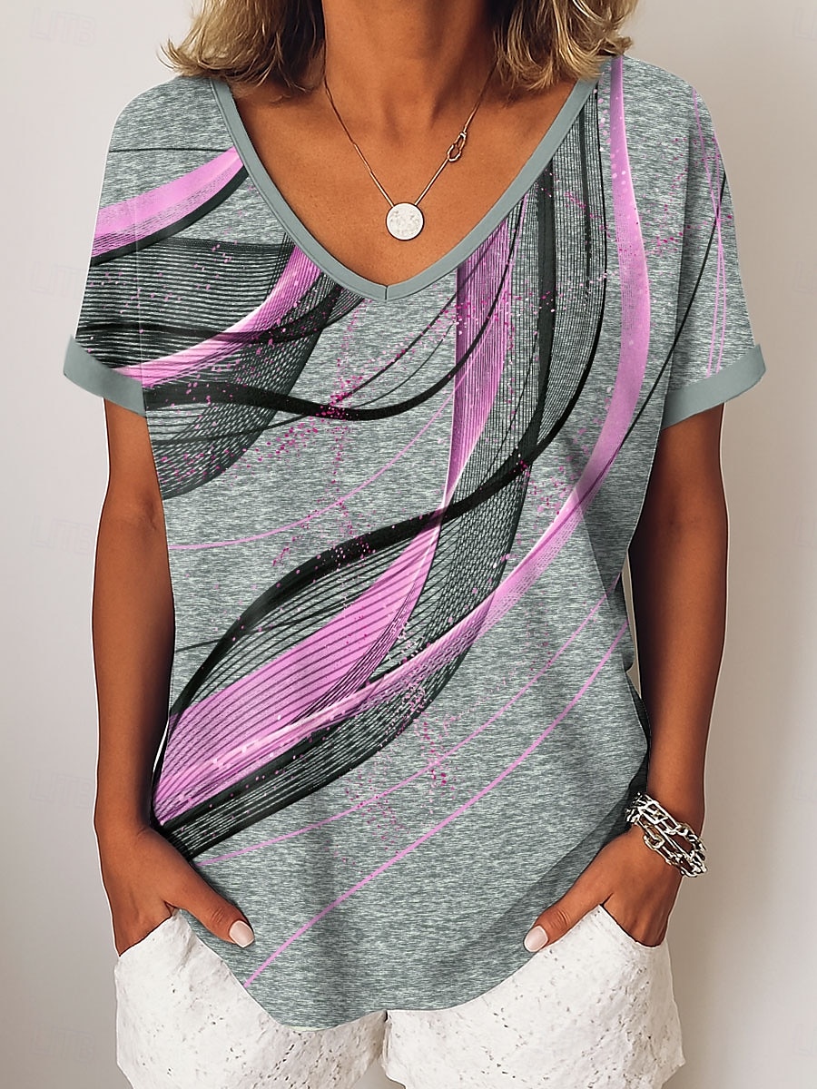 Pentru femei Tricou Grafic Abstract Epocă Stilat Modern Manșon scurt În V Topuri obișnuite Zilnic Sfârșit de săptămână Îmbrăcăminte de vacanță Imprimeu Albastru piscină Mov Auriu Trifoi Vară 2025 - $19.99 –P3