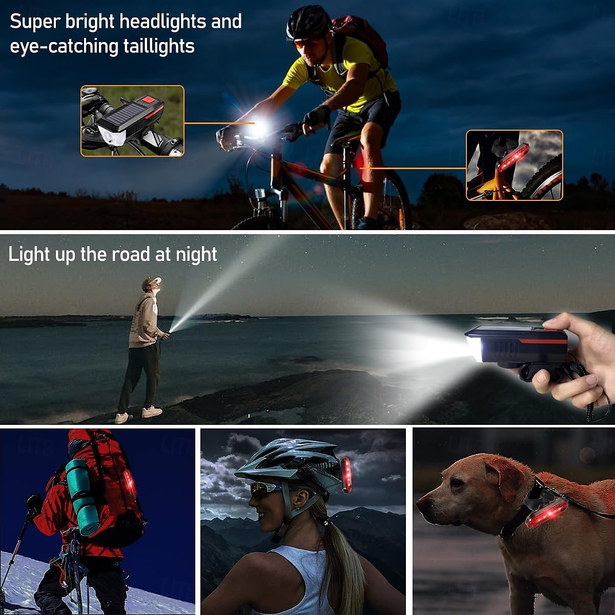 Luces solares recargables para bicicleta, luces nocturnas ultrabrillantes para bicicleta, faro delantero y luz trasera con timbre eléctrico, fáciles de instalar, impermeables, luces LED para bicicleta 2025 - $19.99 –P6