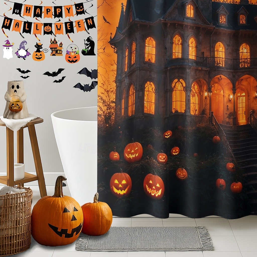 κουρτίνα ντους για το Halloween με γάντζους, πλενόμενη αδιάβροχη διακόσμηση μπανιέρας μπάνιου με πολυεστέρα 2025 - $19.99 –P11