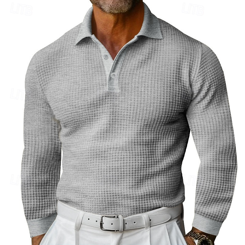Herren Waffel-Poloshirts Golfshirt Straße Lässig Revers Langarm Basic Modern Einfach Texture Knöpfe Frühling Herbst Ganzjahres Normale Passform Schwarz Weiß Gelb Blau Rot Grau Waffel-Poloshirts 2025 - $17.99 –P6