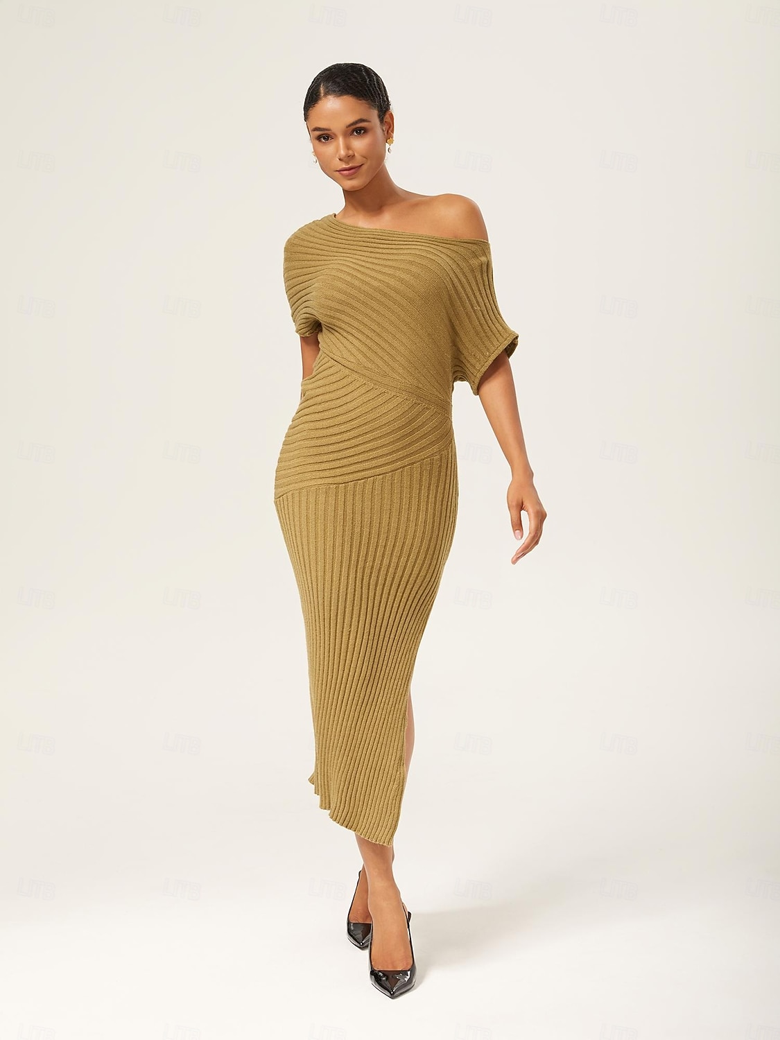 abito lungo aderente monospalla in maglia verde oliva del 2025 a $69.99 –P1