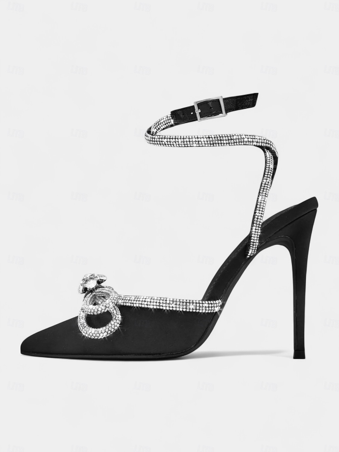 salto agulha feminino de cetim preto com laço de strass e tira no tornozelo - salto alto elegante para eventos formais e coquetéis de 2026 por $54.99 –P5