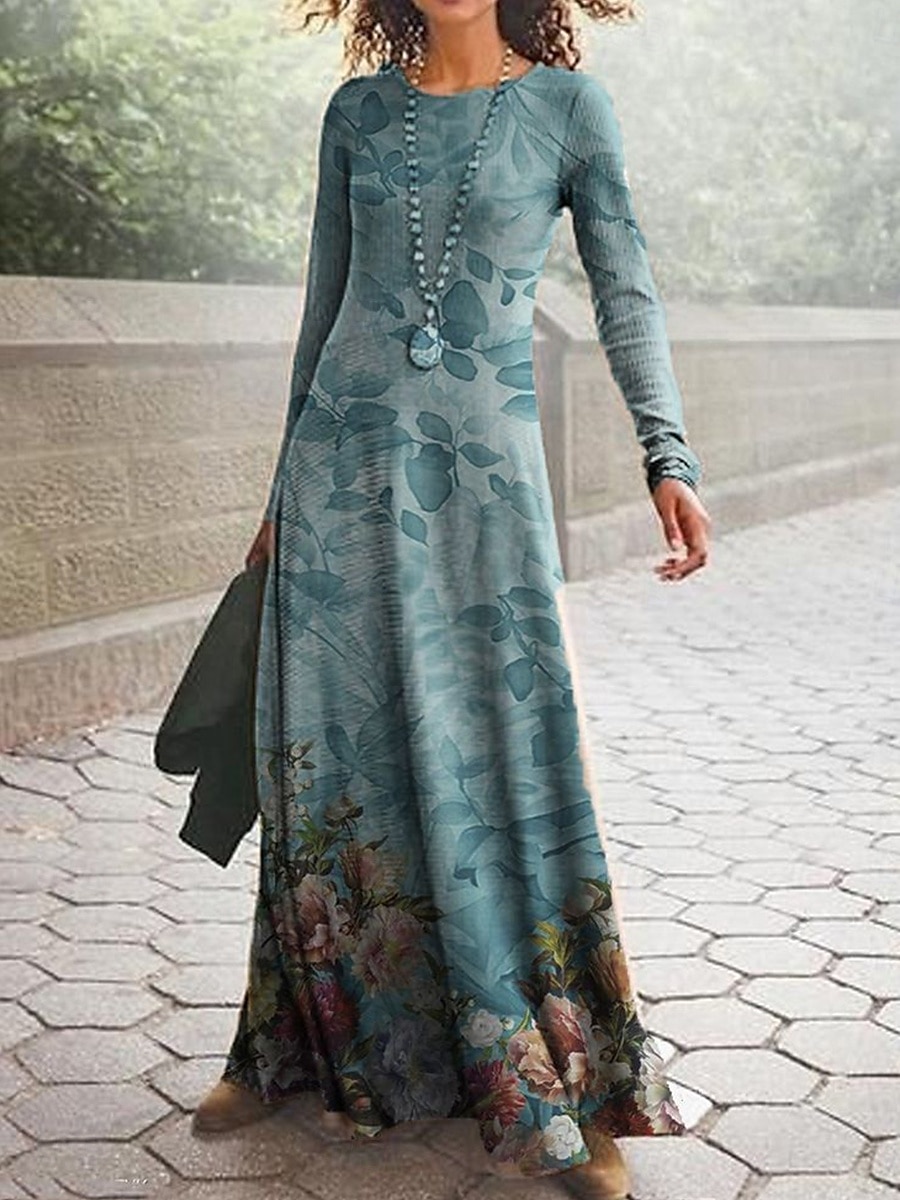 Damen Maxi Kleid Vintage Bohemian A-Linie Kleid Rundhalsausschnitt Langarm Lässig Täglicher Regulärer Schnitt Grafisch Paisley Blau Dunkelgrün Grün Frühling Herbst Winter 2026 - $34.99 –P2