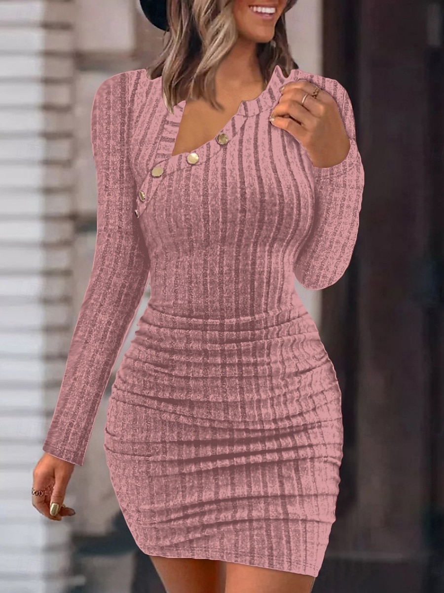Women's Mini Dress Sheath Dress Casual Daily Regular Fit Plain Long Sleeve Notched Neck Black White Pink Wine Spring Fall Winter 2025 - $27.99 –P5