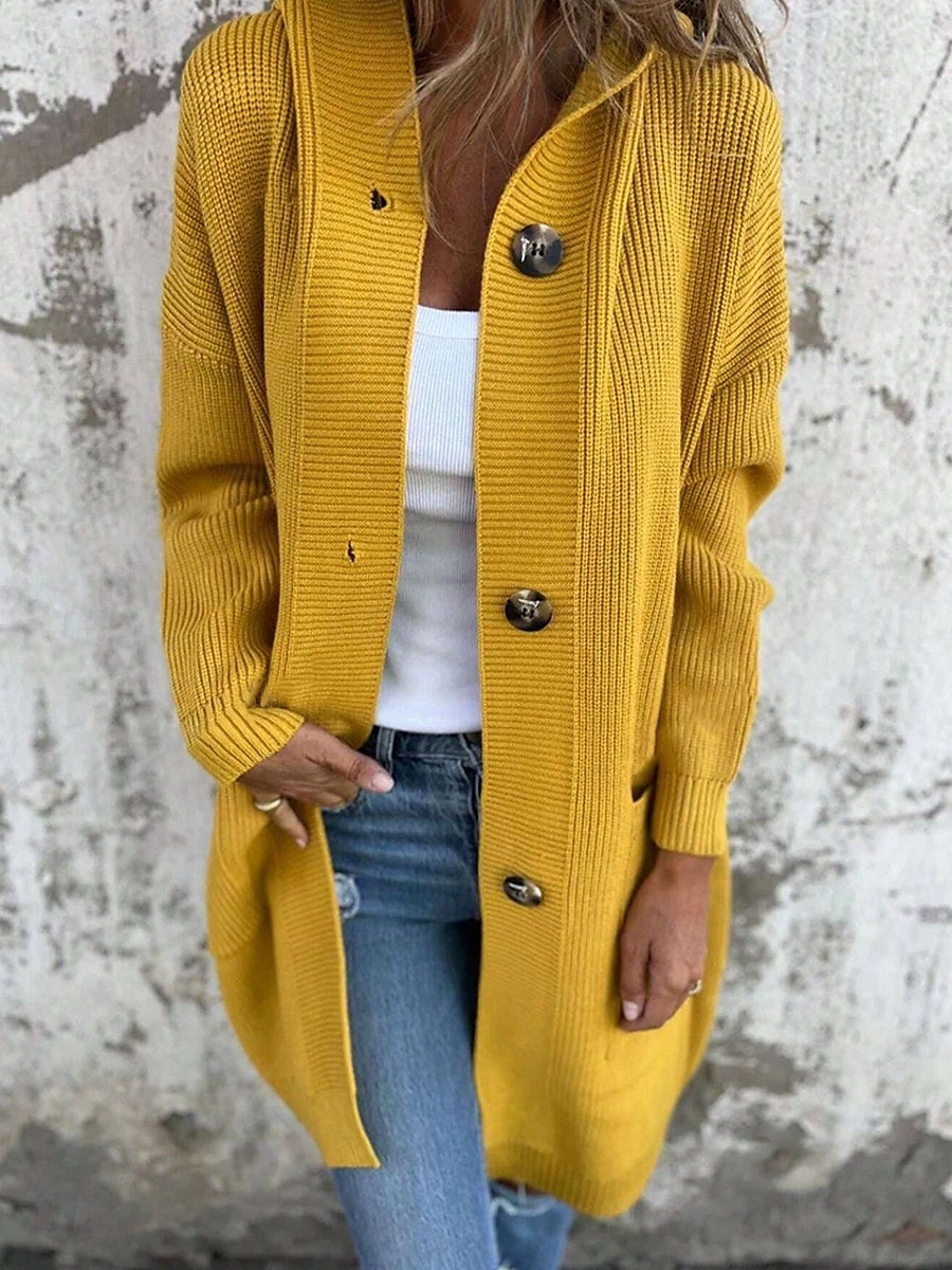Dames Winterjas Houd Warm Comfortabel Zak Gebreid Modieus Dagelijks Effen Buiten Casual Dagelijks Enkele rij knopen Lang Capuchon Normale pasvorm Lange mouw bovenkleding Zwart Geel Grijs Lente Herfst 2025 - $33.99 –P5