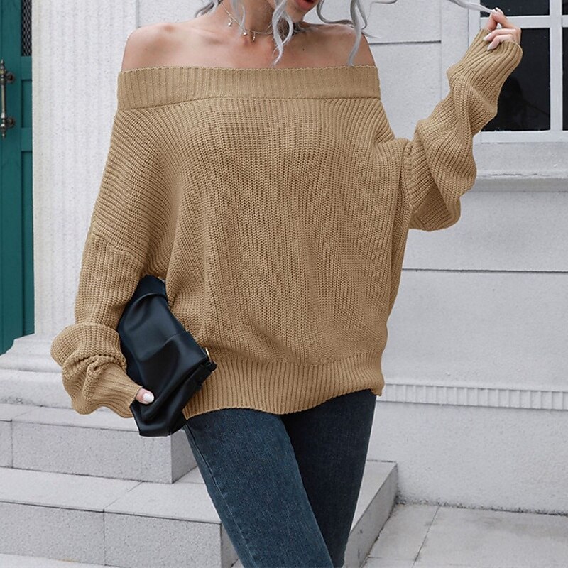 Damen Pullover Lässig Einfarbig Grobstrick Schulterfrei Gestrickt Langarm Normale Oberteile Stricken Täglich Ferien Ausgehen Schwarz Blau Herbst Winter 2025 - SGD S$35.94 –P5
