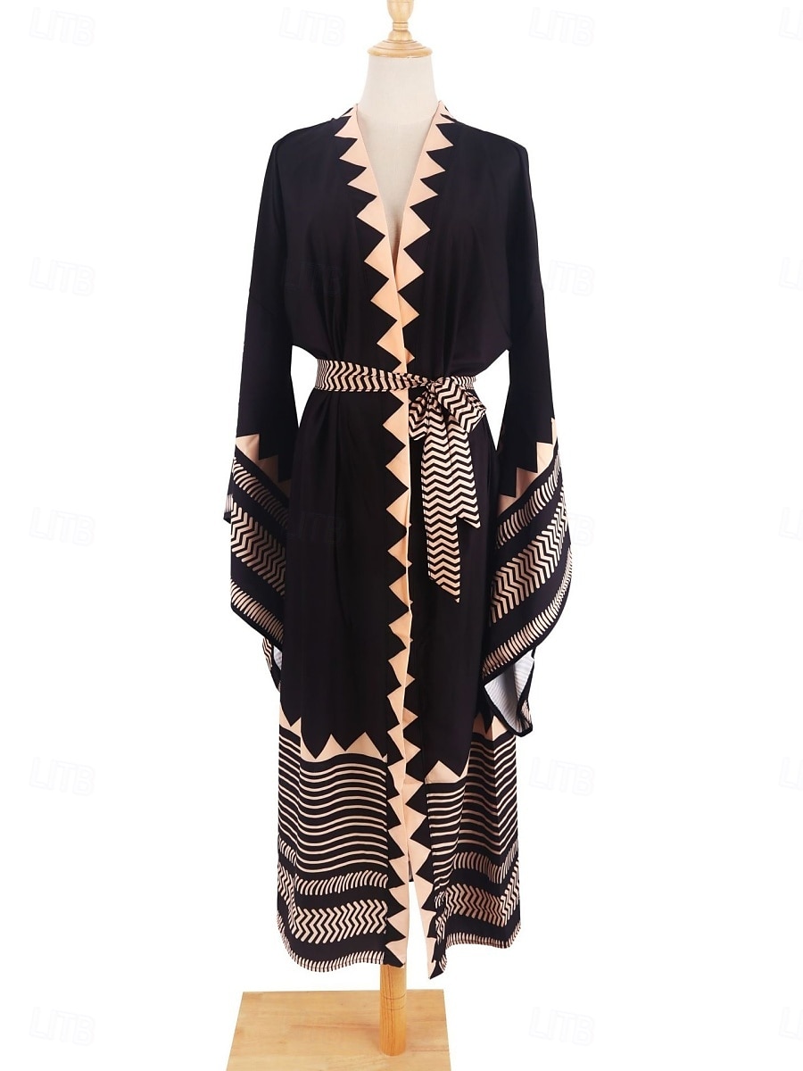 Langes Damenkleid Maxikleid Boho-Kleid Freizeitkleid Swing-Kleid Sommerkleid Vintage Urlaub Alltag Strand Regular Fit Geometrisch 3/4-Ärmel V-Ausschnitt Schwarz Sommer Frühling Herbst 2025 - $25.99 –P12