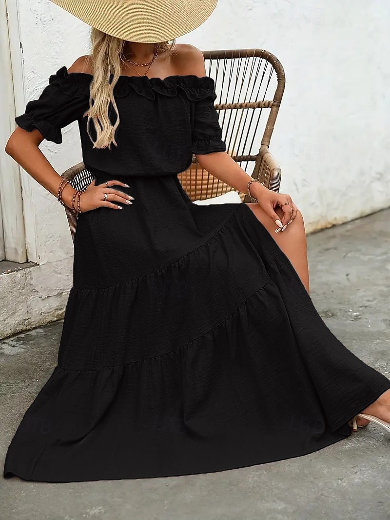 Damen Langes Kleid Maxikleid Schwingkleid Sommerkleid Elegant Ausgehen Sommerkleid Normale Passform Einfarbig Kurzarm Schulterfrei Schwarz Rote Rosenrot Aprikose Sommer 2025 - $24.99 –P3