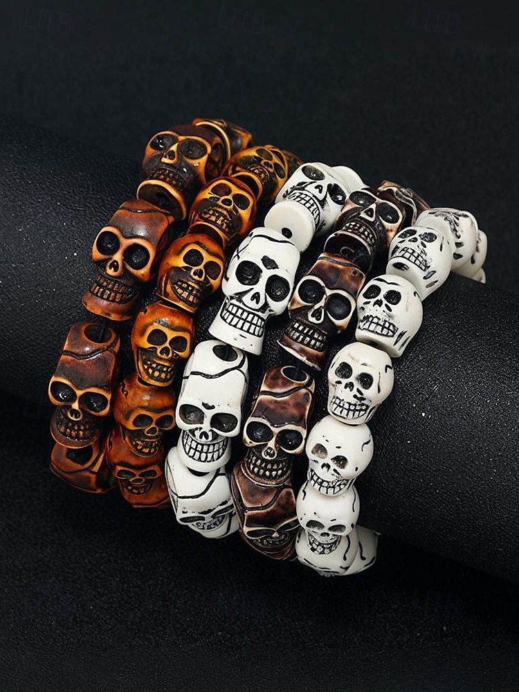 Pulseira masculina de contas de caveira de Halloween – pulseira punk gótica de resina elástica para festas, cosplay e fantasias de 2025 por $7.99 –P3