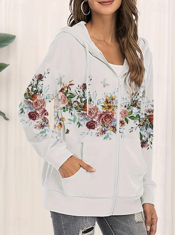 Dame Zipper Hoodie Blomster Grafisk Moteklær Casual Langermet Hette Vanlige Topper Gate Hverdagsbruk Lomme Trykk Hvit Lilla Fuksia Vår Høst 2025 - $27.99 –P5