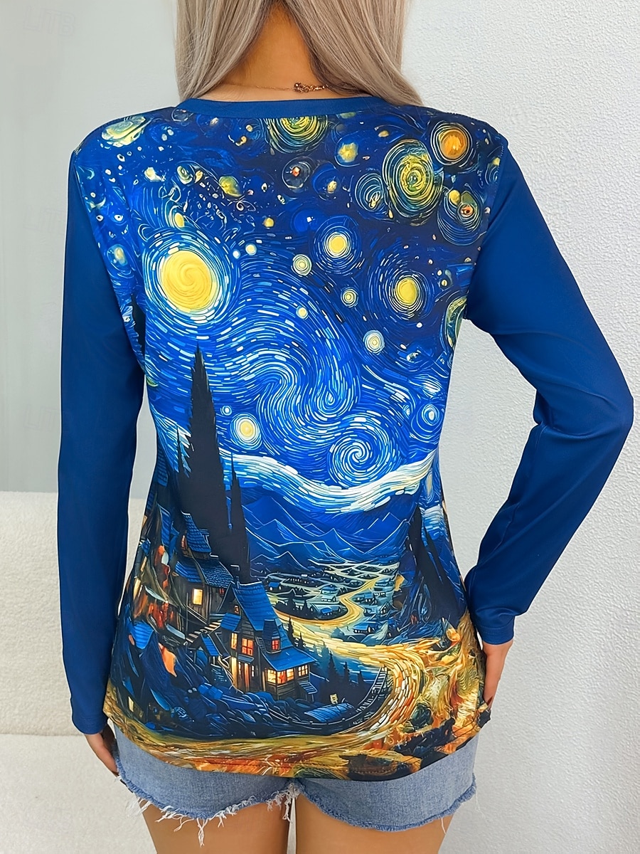 Women's T shirt Crew Neck Long Sleeve Tunic Graphic Abstract Vintage Stylish Classic  Round Neck Regular Tops Daily Print Blue Fall 2026 - $24.99 –P2
