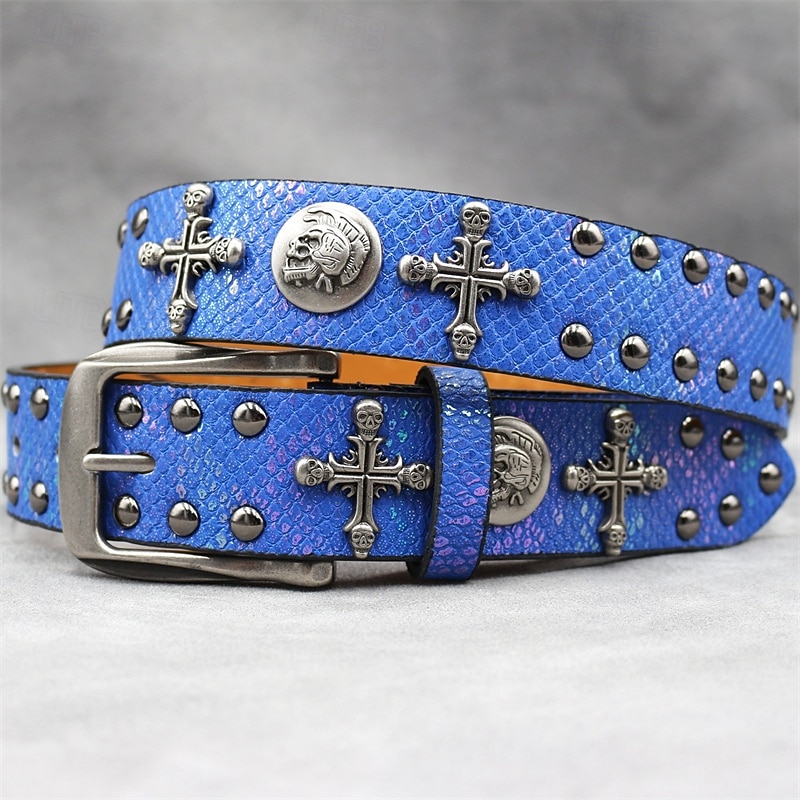 Муж. ремень Автоматическая пряжка Быстрый выпуск Кожа PU Сплав Винтаж Прочный Регулируется Крест Черепа Синий Серебряный на открытом воздухе Повседневные Пояс на талию 2026 - $29.99 –P18