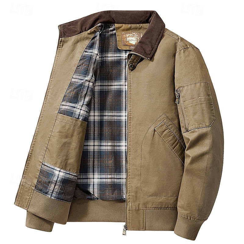 Herren Bomberjacke Freizeitjacke Urlaub Täglich Tasche Frühling Herbst Einfach Mode Klassisch Revers Regulär Schwarz Kamel Armeegrün Beige Jacken 2025 - $58.99 –P1