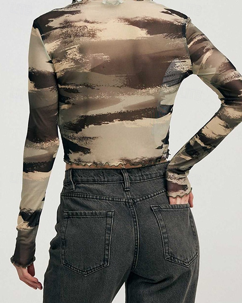 Dames T-shirt Luipaard Modieus Modern Lange mouw Strakke ronde hals Normale tops Dagelijks Netstof Kastanjebruin Licht Bruin Bruin Zomer 2025 - $16.99 –P6