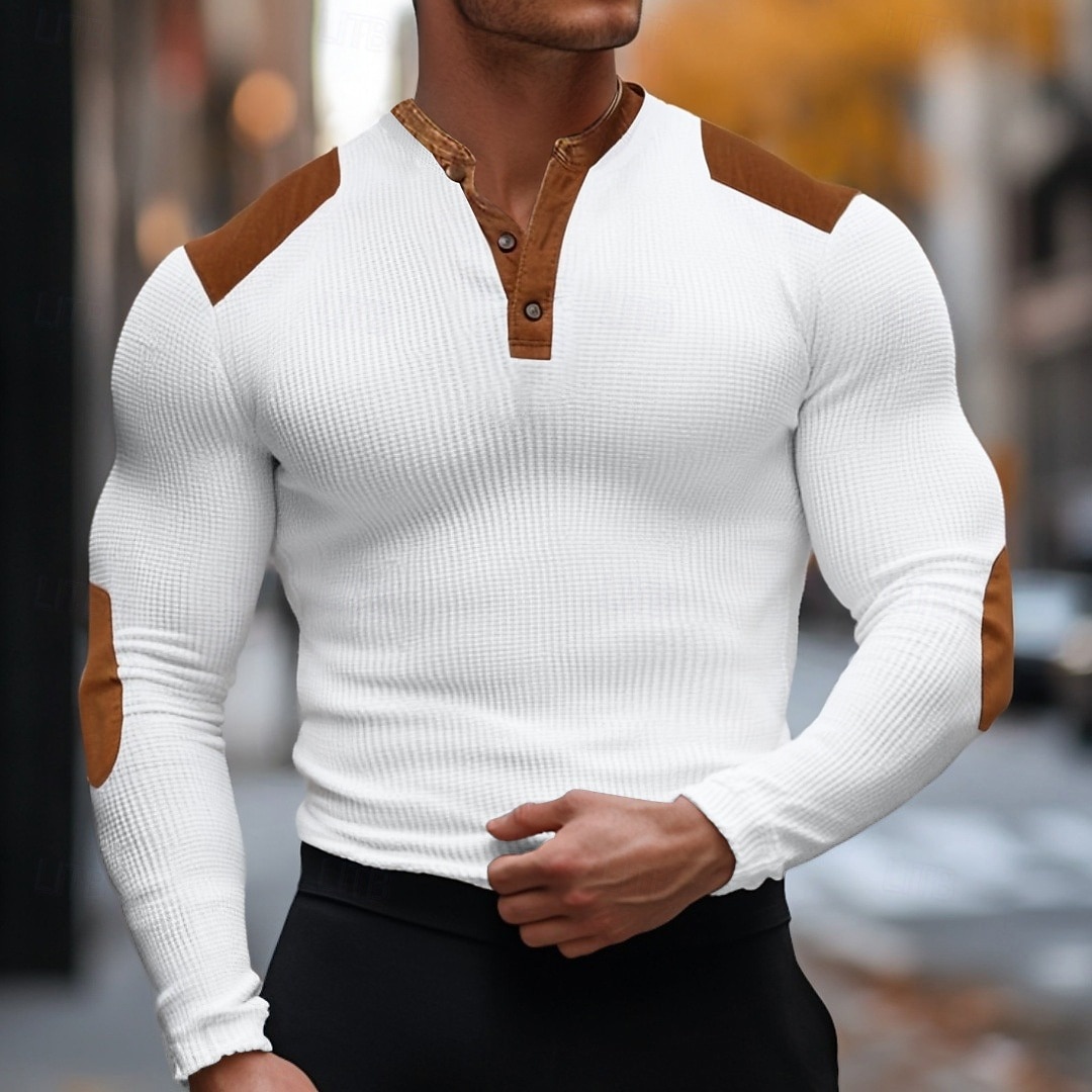 Herren Waffel-T-Shirt Langarm V Ausschnitt Sommer Frühling Herbst Einfach Basic Modern Lässig Patchwork Knöpfe Basic Heim Straße Lässig Schwarz Weiß Marineblau Top T-Shirt für Herren 2025 - $19.99 –P1
