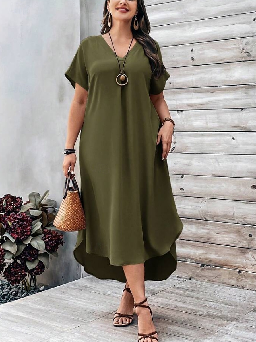Femmes Grande taille Robe Décontractée Couleur Unie Col en V Manche Courte Été Printemps Élégant Mode Moderne Occasionnel Robe Maxi Quotidien Fête Robe de 2025 ? $33.99 –P9