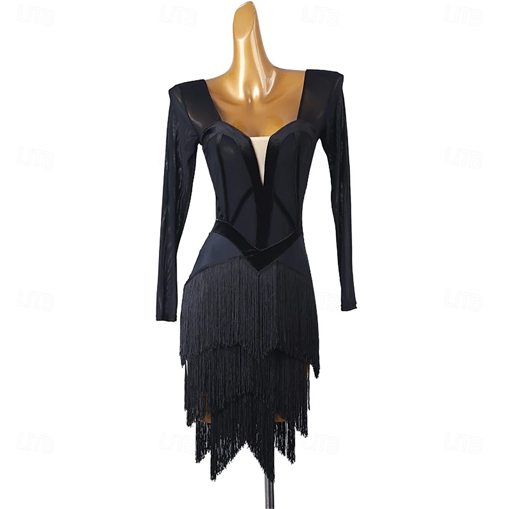Danse Latine Robe Épissage Femmes Performance Entraînement Soirée manche longue Haut Nylon de 2025 ? $133.99 –P8
