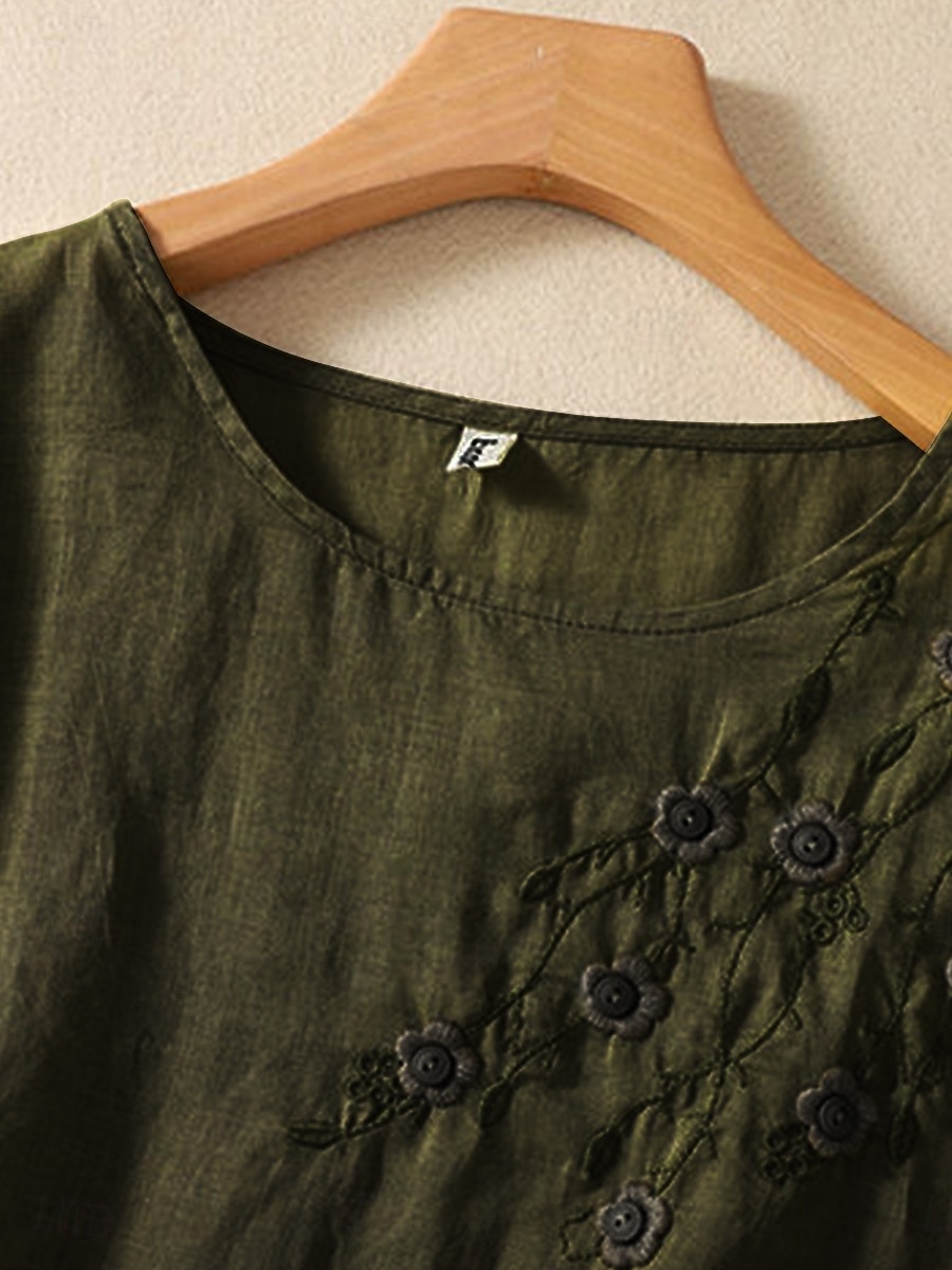 Damen Hemd Leinen-inspirierte Hemden Bluse Blumen Stilvoll Lässig Langarm Rundhalsausschnitt Normale Oberteile Täglich Bestickt Weiß Armeegrün Rote Blau Sommer Frühling Herbst 2025 - $21.99 –P8