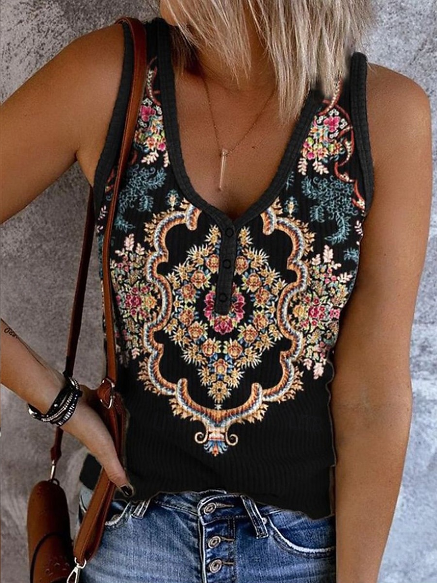 Femmes Débardeur caraco Fleuri Graphique Géométrique Bohème ancien Élégant Sans manches Col en V Hauts Réguliers Quotidien Imprimé Noir Rose Claire Bleu Marron Beige Été Printemps de 2025 ? $17.99 –P1