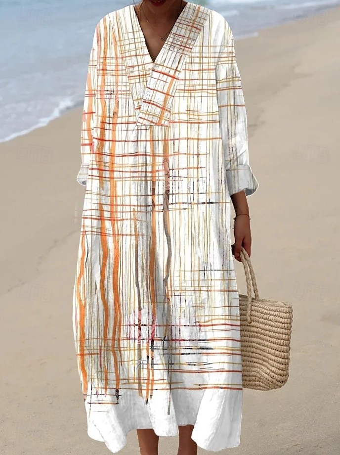 Dame Midikjole Solkjole Kjole med A-linje Ferie Fritid Bohem Ut på byen Strand Grafisk Geometrisk Stripe Langermet V-hals Aske Svart Gul Blå Sommer Vår Høst 2025 - $16.49 –P4