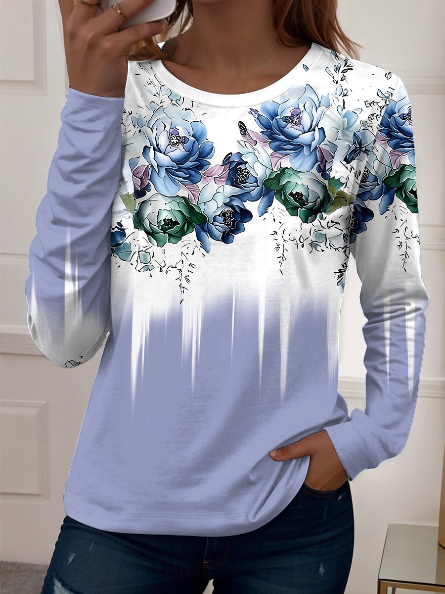 Dámské tričko dlouhý rukáv crew neck dlouhý rukáv tunika grafické geometrické vintage casual běžné topy denní tisk žlutá modrá fialová zelená jaro podzim předpodzim 2026 - $24.99 –P4