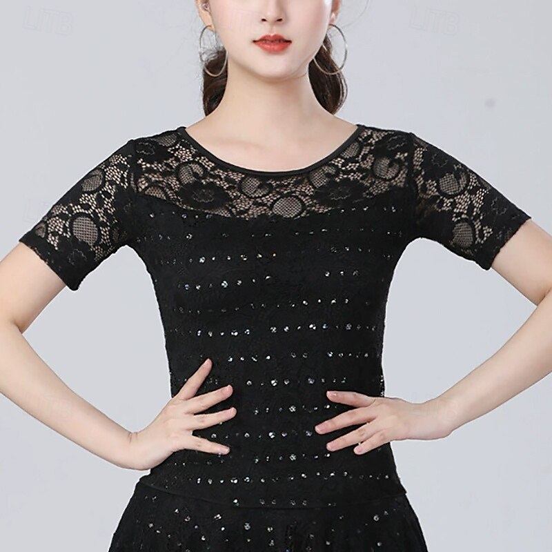 Latijnse dans Top Kant Pure Kleur Gesplitst Dames Prestatie Opleiding Korte mouw Hoog Polyester 2025 - $27.99 –P2