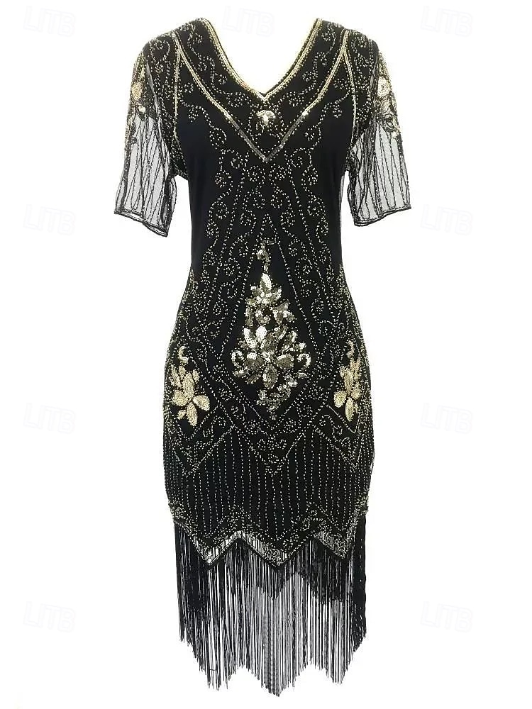 Anni Ruggenti Anni 1920 Lunghezza al ginocchio Vestito Abito Flapper Abito da Ballo Maniche corte Il grande Gatsby Charleston Invitato al matrimonio Paillettes Frangia con nappe Scollo a V Costume del 2026 a $34.99 –P2