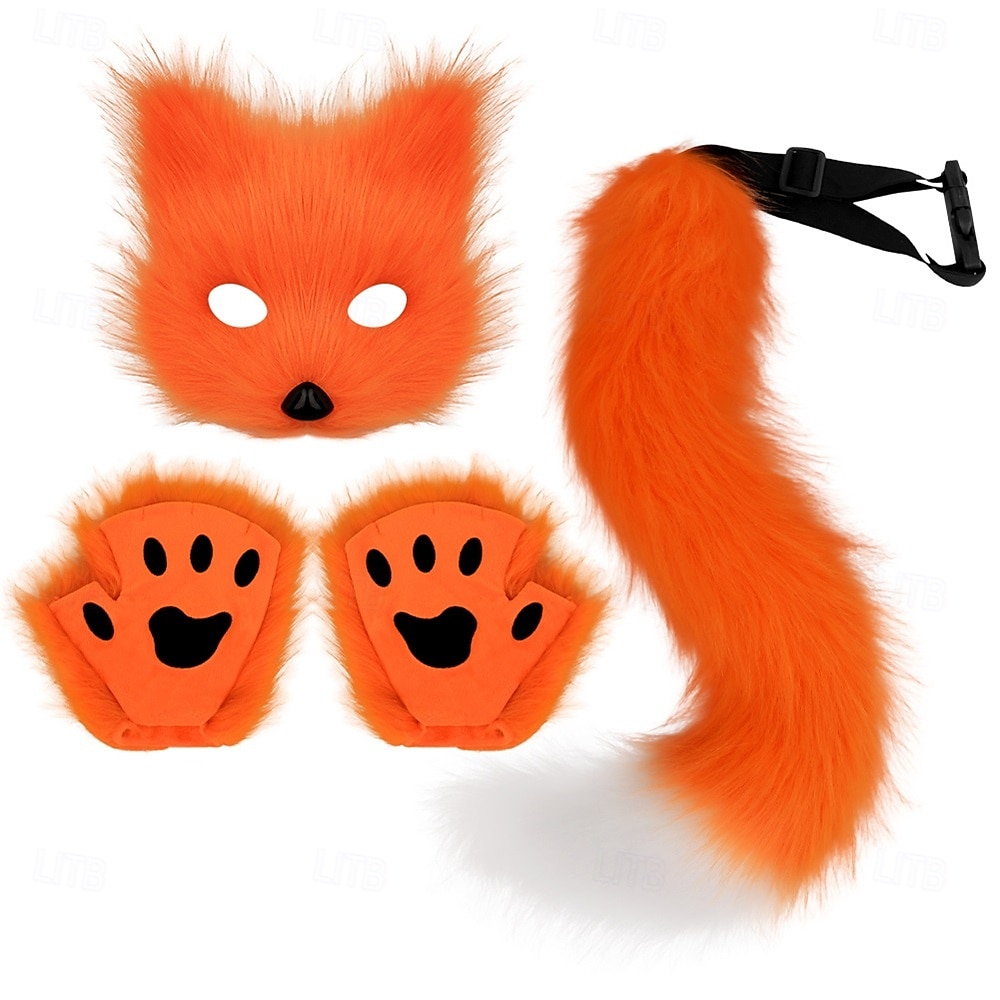 Realistická sada liščí masky s rukavicemi a chlupatým liščím ocasem – ručně vyráběné doplňky pro cosplay zvířat, sada kostýmu lišky na Halloween, párty a divadelní vystoupení 2026 - $39.99 –P12