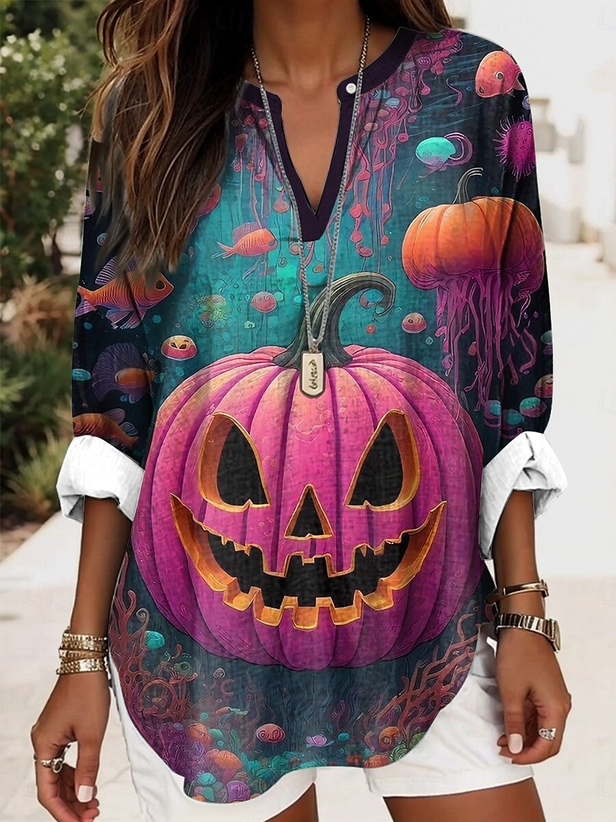 Halloween Femmes Chemisier Graphique ancien Élégant Occasionnel manche longue Col en V Hauts Réguliers Quotidien Fête Imprimé Noir Bleu Bleu Poudré Violet Orange Été Printemps Automne de 2025 ? $24.99 –P3