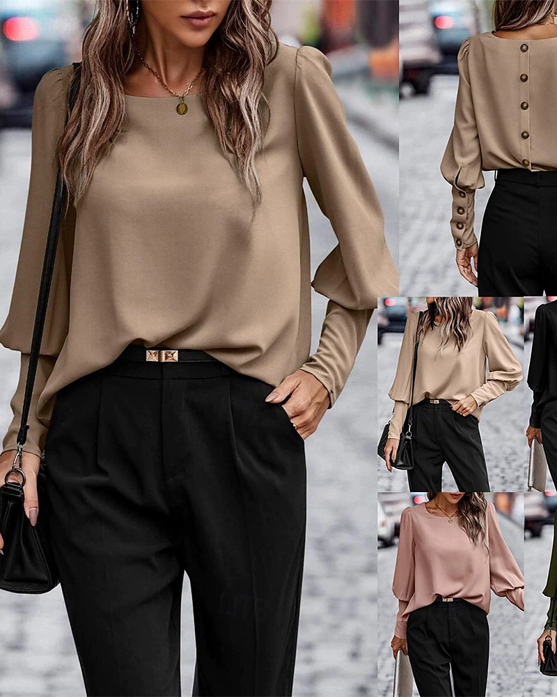 Damen Hemd Einfach Täglich Stilvoll Basic Langarm Rundhalsausschnitt Normale Oberteile Arbeit Täglich Ferien Knöpfe Schwarz Armeegrün Braun Frühling Herbst 2025 - $23.99 –P1