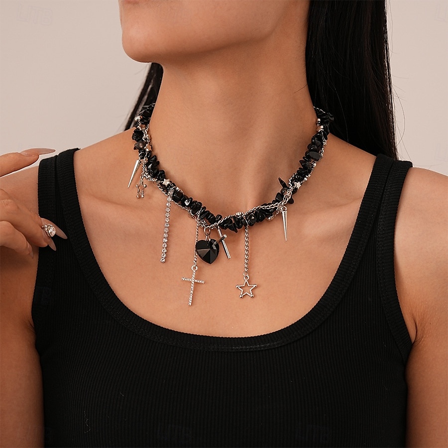 Collana girocollo in pietra nera punk gotica da donna con ciondoli a forma di croce, cuore e stella - gioiello importante per feste, discoteche e serate fuori del 2025 a $14.99 –P1