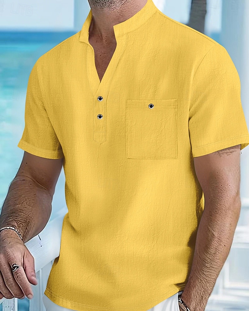 Homme Chemise Chemise en lin Chemise popover Chemise Décontractée Chemise en coton Uni Vacances Rue Blanche Jaune Rose dragée Abricot Manche Courte Band Collar Été Vêtement Tenue Avec Poches de 2025 ? $19.99 –P1